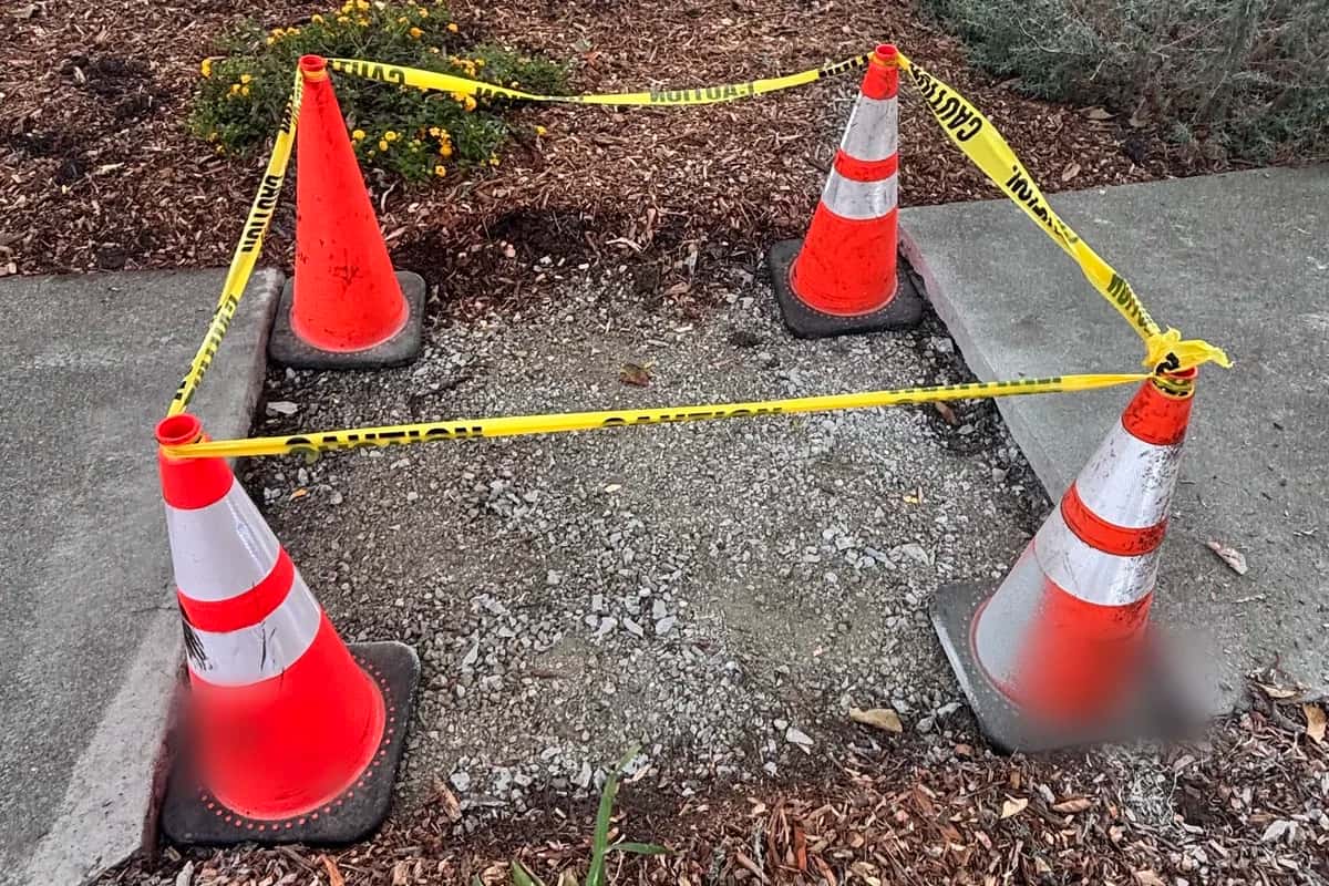 Removed section of concrete sidewalk and curb taped off with cones and caution tape, with the base prepped for a replacement pour.