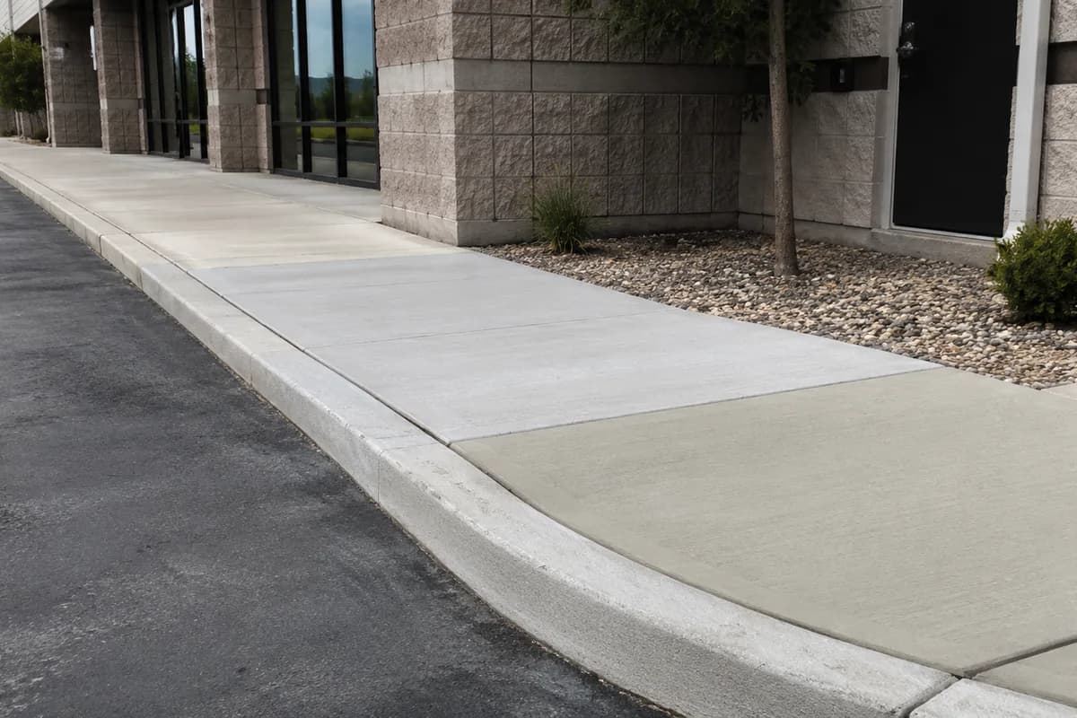 Repaired concrete sidewalk and curb section next to a commercial building.