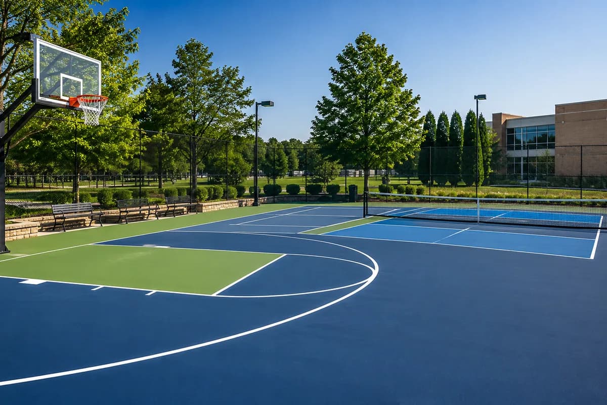 Freshly coated blue and green outdoor multi-sport court with a basketball hoop, pickleball net, and crisp white lines beside a building and trees.